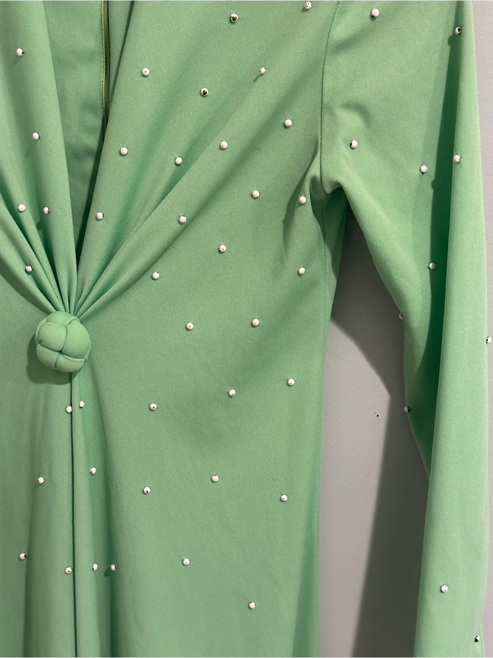 Mint Green Vintage Long Sleeve Hostess Dress with Knot & Pearl Detail